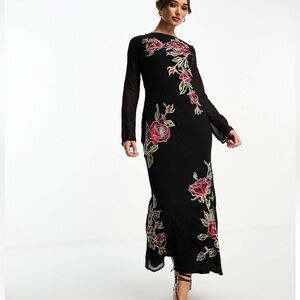 ASOS DESIGN long sleeve maxi dress with red floral embroidery